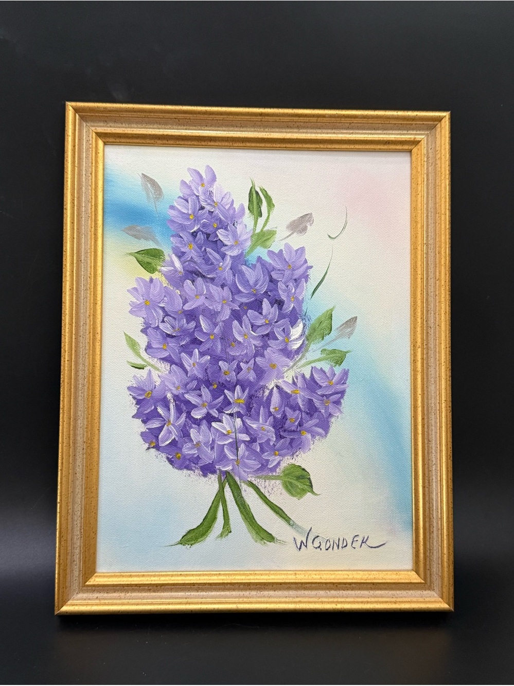 Signed W Gonder Still Life Purple Lilac Bouquet Flowers Acrylic Painting 14”X10”